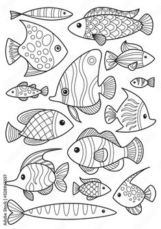 black and white illustration of fish in the sea or ocean for coloring book pages, page 3