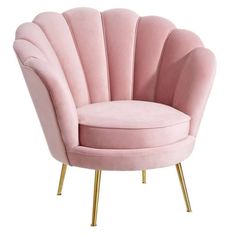 a pink chair with gold legs and a circular seat in the shape of a shell