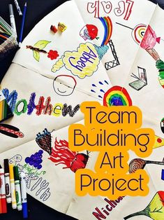 a group of children's art projects with the title team building art project written on them