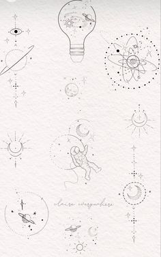 an image of some drawings on paper with space and stars in the sky above them