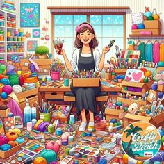 a woman sitting at a desk surrounded by lots of crafting supplies