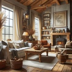 a living room filled with furniture and a fire place in the middle of a room