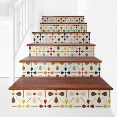 Kate McEnroe New York Retro Floral Mid Century Modern Peel and Stick 6Pcs Stair Riser Decals Wallpaper On Stair Risers, Stair Riser Ideas, Stenciled Stairs, Painted Stair Risers, Stairs Decoration, Stair Riser Decals, Stair Stickers, Stair Riser, Scandinavian Designs