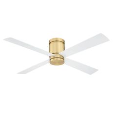 a ceiling fan with two white blades and a gold finish on the blade, against a white background