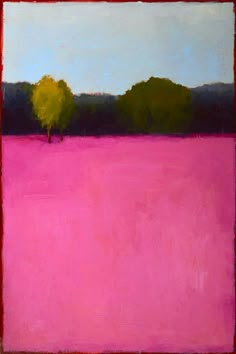 a painting of a pink field with trees in the distance