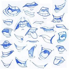 various mouths and eyes drawn in blue ink