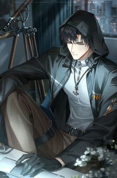 an anime character sitting on the ground with his hands in his pockets and wearing a hoodie