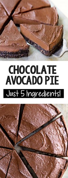 chocolate avocado pie is cut into slices and placed on top of each other