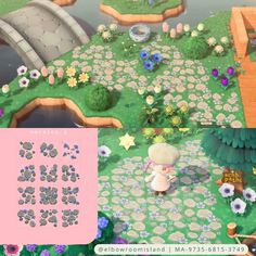 an animal crossing game with flowers and plants on the ground, as well as a cartoon character