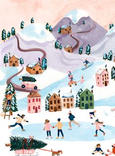 a painting of people skiing and snowboarding on a snowy day with mountains in the background