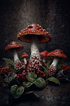 three mushrooms are sitting on the ground