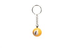 a key chain with an orange ball hanging from it's center point, on a white background