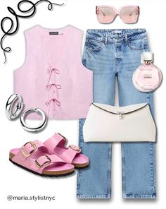 Pink And Denim Outfit, Denim Top Outfit, Baby Pink Top, Buckle Flats, Stylish Fall Outfits, White Clutch, Pastel Palette, Casual Evening, Chill Outfits