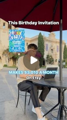 a man sitting at a table with a laptop on his lap and the caption reads, this birthday party makes $ 3, 010 / 10 a month on etsy