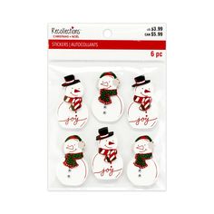 six snowmen with hats and scarfs on their heads in white plastic packaging for christmas decorations