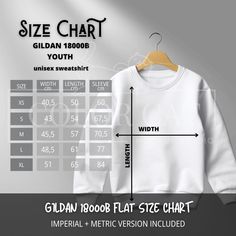 "Get the perfect fit with our Gildan 18000B Youth Sweatshirt Size Chart Bundle!  This comprehensive 6-piece bundle includes both Imperial and Metric size charts for flat sweaters, making it a must-have for anyone looking for accurate sizing guidance for their unisex sweatshirts.  Designed for convenience, these size charts guarantee accuracy and ease in selecting the right fit. Download now to expand your Gildan 18000b youth sweater offerings with confidence!  ♥ Our Size Charts are designed to p Mock Up, Sweater Sizes, Unisex Sweatshirt, Size Chart, Mockup, The Selection, Perfect Fit, Sweatshirts