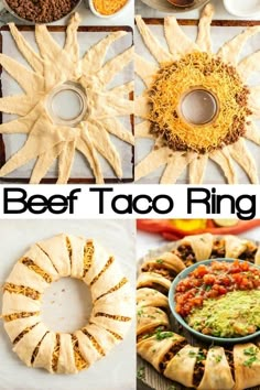 different types of appetizers are shown in this collage with the words beef taco ring