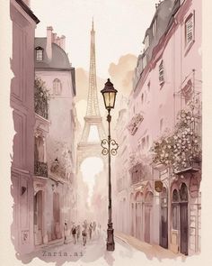 a painting of the eiffel tower in paris with people walking down the street