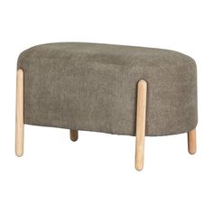 a grey ottoman with wooden legs on a white background