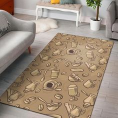 a living room area rug with coffee related items on it