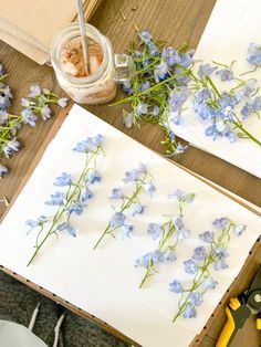 some blue flowers are sitting on top of white papers and paper with scissors next to them