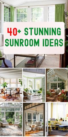 the inside of a sunroom with lots of windows and green curtains on top of it