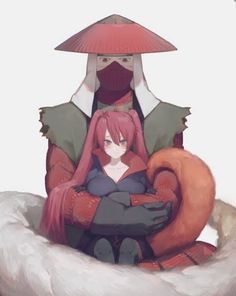 two anime characters sitting in the snow with mushrooms on their heads and one holding an animal