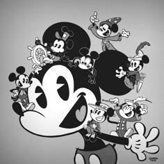 an image of mickey mouse with many other cartoon characters around him in black and white