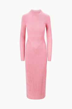 The Ramona Dress is a long sleeve fitted midi dress in a soft merino knit. This style has a mock neck and has ottoman stitch detailing for a flattering fit. | STAUD, Ramona Dress in Damask Pink, Size XS Transitional Dressing, Fitted Midi Dress, Fantasy Gowns, Knit Cotton, Sweater And Shorts, Damask, Custom Clothes, Knit Dress, Mock Neck