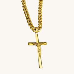 Wear your faith on your chest! It's a beautiful piece by itself to make a statement. This golden cross necklace is also perfect for layering with your favorite necklace. ✔Hypoallergenic ✔Quality Guaranteed ✔Water Resistant MATERIAL: stainless steel dipped in real 18k gold COLOR: gold CHAIN SIZE: 8mm width PENDANT HEIGHT: 2.25 inches MODEL SIZE: Royalty in 18 inch, Chris in 20 inch, Nia in 16 inch Golden Cross Necklace, Gold Crucifix Necklace, Golden Cross, Crucifix Necklace, Sports Jewelry, Mens Jewelry Necklace, Mens Gold, Anklet Bracelet, Kids Jewelry