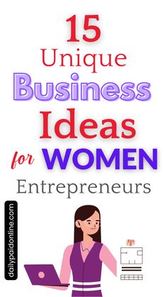 the cover of 15 unique business ideas for women, with an image of a woman on her laptop