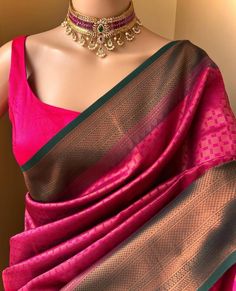 Www.Thejacouture.in > silk sarees > Rani pink Art silk saree. . Rani pink Art silk saree with Golden copper zari design all over saree and bottle green border. Comes with bottle green blouse piece. Saree height: 48 inches. Saree length: 5.5 meters. Blouse: 80cm . Priced: 1550/- INR Normal wash. . Neckpiece: @suvitamara_designs . #love #sareelove #india #sareeinspiration #fashion #sareelove😍 #indianwear #traditional #sareeday #indianwedding #sareestyle #instagood #sareecollection #... Pink Saree With Green Border, Silk Saree Look Traditional, Pink And Green Saree, Stylish Saree Look, Green And Pink Saree, Rani Pink Blouse, Rani Pink Saree, Bottle Green Blouse, Bottle Green Saree