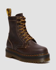 Jadon Boot Arc Crazy Horse Platforms in Brown | Dr. Martens Jadon Boots, Dr Martens Jadon, Horse Boots, Brown Ankle Boots, Goodyear Welt, Crazy Horse, Platform Boots, Leather Design, Casual Boots