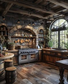 an old fashioned kitchen with wood floors and stone walls, surrounded by wine barrels on the wall