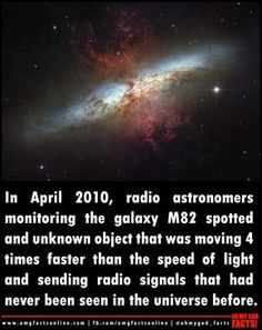 an image of the milky and its stars with text that reads, in april 2010, radio astronauts monitoring the galaxy m82 spotted and unknown object that was moving 4 times faster than