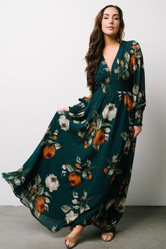 Olivia Maxi Dress | Deep Topaz Floral Modest Fall Dresses, Lulus Wedding, Prom Photography, Kimono Maxi Dress, Look Plus Size, Baltic Born, Green Maxi, Rust Dress, Classy Wedding