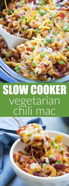 slow cooker vegetarian chili macaroni and cheese in a casserole dish