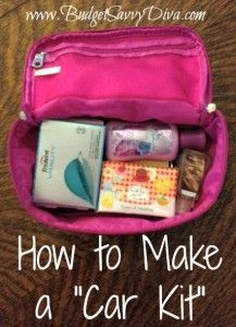 a pink bag filled with personal care items on top of a wooden table and the words how to make a car kit