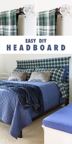 two pictures of a bed with plaid sheets and blue bedspread, one showing the headboard