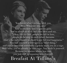 a man and woman sitting next to each other with the words breakfast at tiffany's