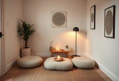 a living room with two bean bags on the floor next to a table and lamp