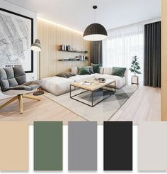 a living room with white furniture and neutral colors in the color scheme for the walls