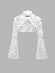 Gothic Style Split Hem Lace Vest With Open Front And Flared Sleeves For Women White   Long Sleeve Lace Colorblock,Halloween,Plain  Medium Stretch All Women Clothing, size features are:Bust: ,Length: ,Sleeve Length: Lace Formal Top, White Lace Bell Sleeve Top, White Lace Sleeves, White Lace Bolero, White Gothic Outfit, Romwe Outfit Ideas, White Lace Turtleneck, Goth Sewing Patterns, Lace Waistcoat