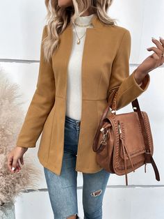 Khaki Casual Collar Long Sleeve Woven Fabric Plain Other Embellished Non-Stretch  Women Clothing Womens Blazer Coat, Plain Cardigan, Wife Style, Outfits Con Jeans, Blazer Outfits For Women, Trendy Business Casual, Business Formal Dress, Cropped Blazer Jacket, Coachella Dress