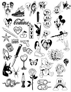 an assortment of cartoon character tattoos on a white background with black and white lettering that reads,