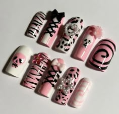 Scenecore Nails, Pink Emo Nails, Scene Kid Nails, Scene Nails Emo, Scene Nails, Emo Nails, Pink 2000s, Future Nails, Luv Nails