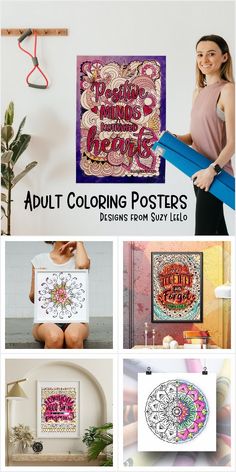 adult coloring posters are featured in this collage with the text adult coloring posters below