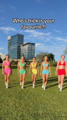 a group of women in swimsuits walking across a field with the words who's trick is your favorite?