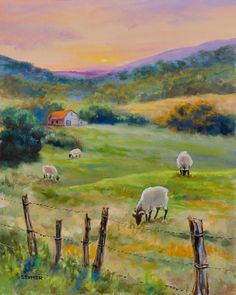 a painting of sheep grazing in a field