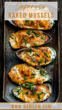 baked mussels with cheese and green onions on top